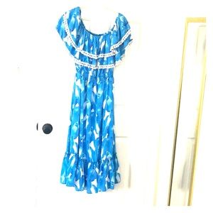 Bright blue floral off the shoulder dress